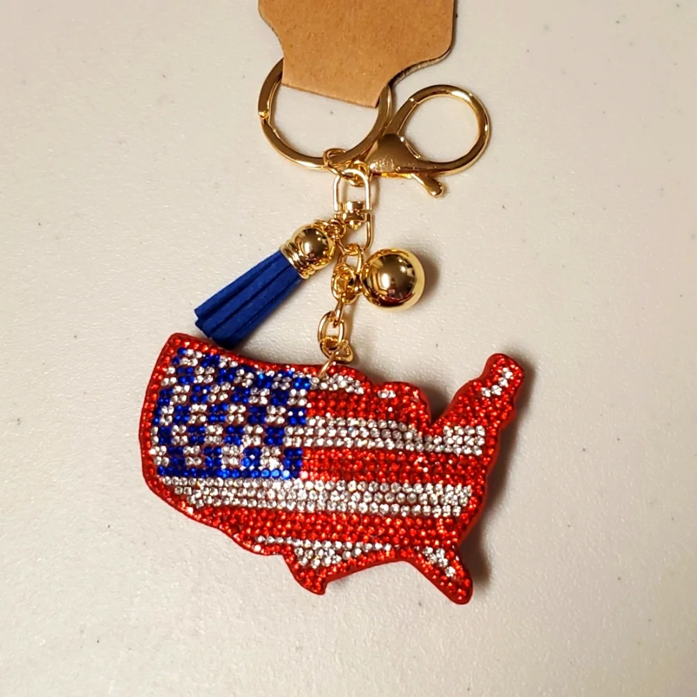 USA shaped American flag•rhinestones ball and tassel•goldtone•NWT